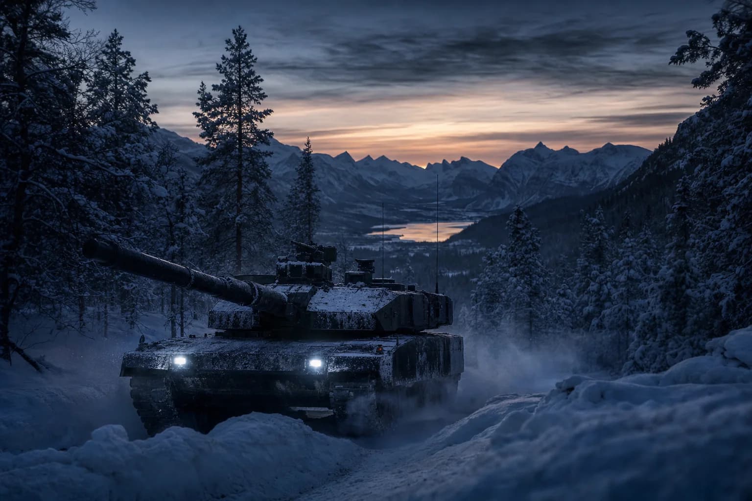 Stridsvogn i snødekt fjellterreng ved blåtimen