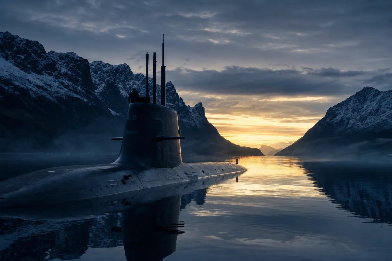 Ubåt i norsk fjord ved solnedgang
