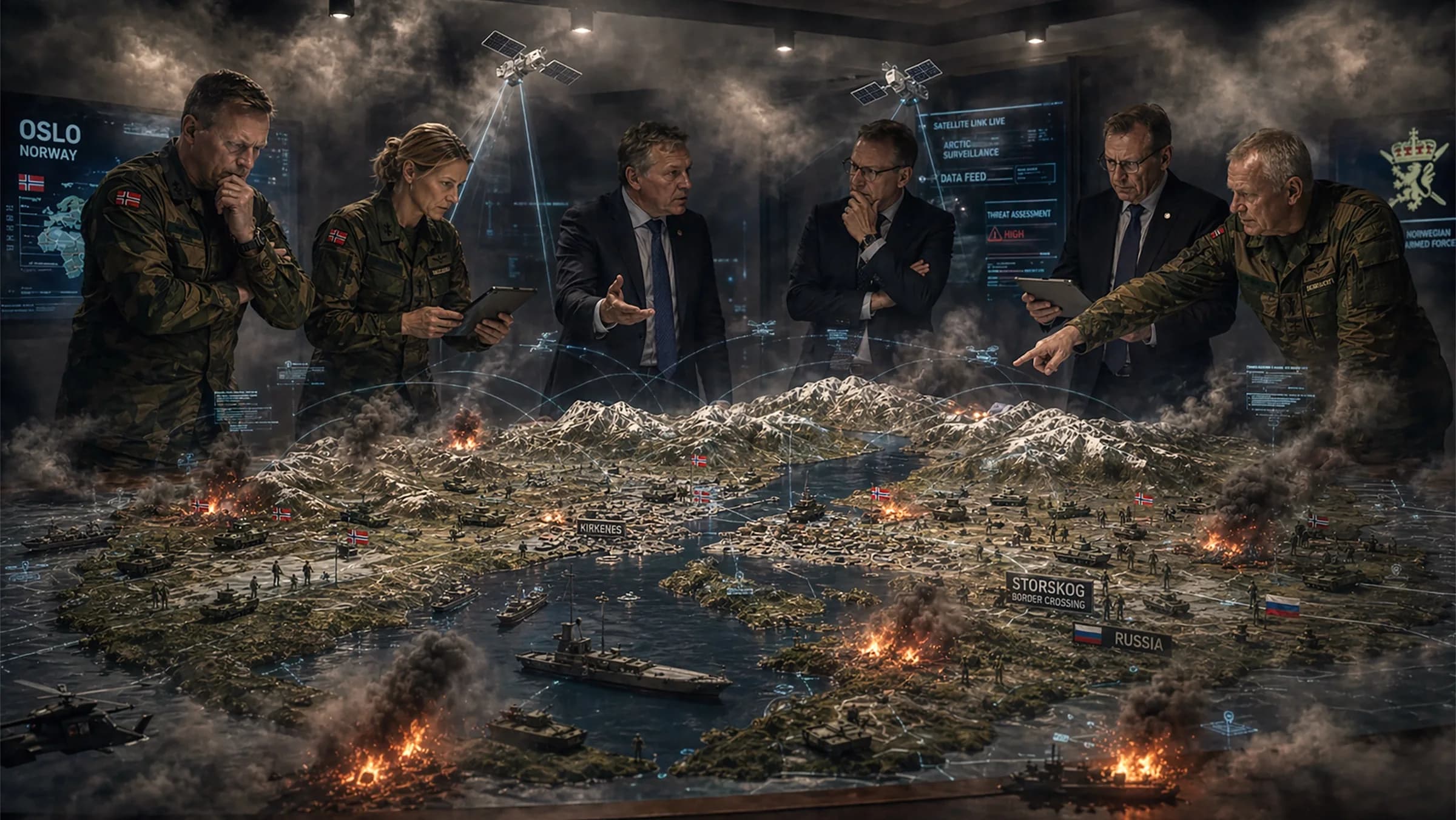 Strategisk briefing rundt terrengmodell av grenseområdet mellom Norge og Russland ved Storskog, med militære og sivile rådgivere